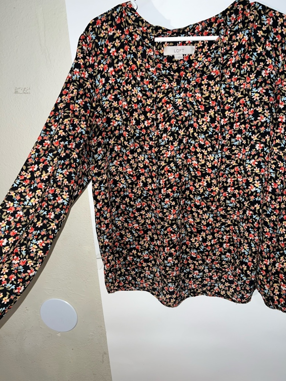 LOFT Black Floral Button-Front Long-Sleeve Blouse with Red, Blue & Cream Flowers - Picture 3 of 4